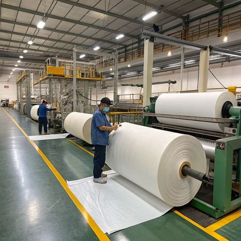 A factory worker inspecting a roll of filter tape under bright lights in a cleanroom